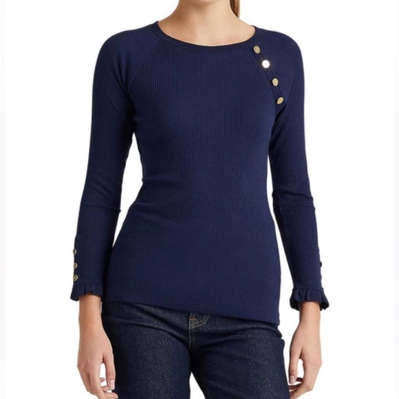 Ribbed Sweater Button-Trim Cotton-Blend Knit Long Sleeve Top Hunter green SZ XS - Picture 16 of 16